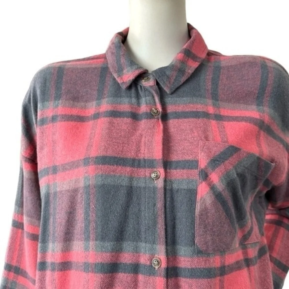 Pink Rose Women's Plaid Boyfriend Shirt L Red Grey Black Buffalo Check Cotton VG - Picture 5 of 10